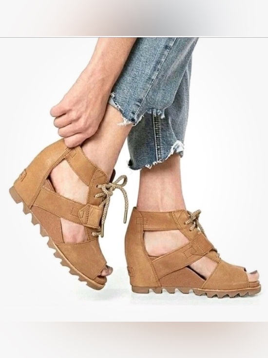 Sorel Shoes - Sorel Tan Lace-Up Cutout Wedge Sandals Size 8